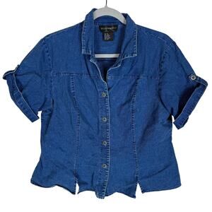 Requirements Shirt Women's 14 Blue Denim Short Sleeve‎ Roll Tab Sleeve Button-Up